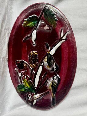 Birds Acorns Berries Oval 16" Serving Platter Art Glass Christmas Holiday Party